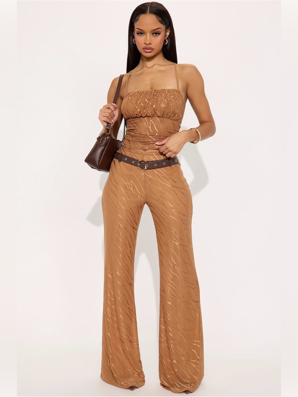Fashion Nova Women's Brown Ruched Bodice Wide-Leg 2 Piece Set